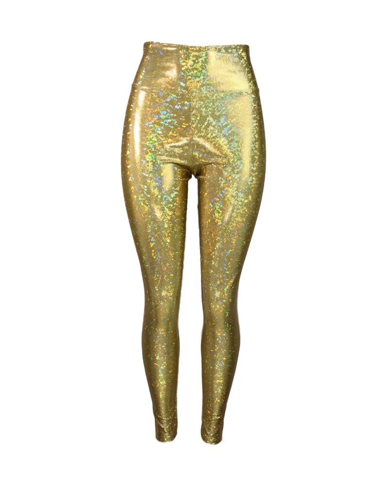 High Waist Leggings - *Gold Shattered Glass Holographic* Gold Pants - Rave Clothing, Festival Outfit, Sparkle Leggings image 5