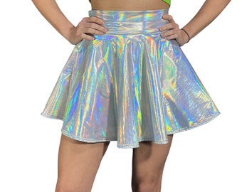 Opal Holographic Skater Skirt - Holograph Rave Skirt | CHOOSE LENGTH | Festival Clothing - Reflective Skirt - High Waisted Skirt