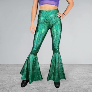 Bas de sirène cloches - Pantalon vert en écailles métalliques - Costume de sirène taille haute évasé