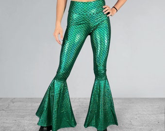 Bas de sirène cloches - Pantalon vert en écailles métalliques - Costume de sirène taille haute évasé