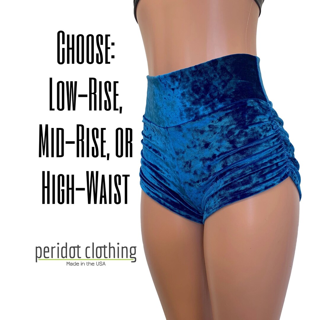 Blue Crushed Velvet Booty Shorts - Ruched Rave Shorts - Scrunch Booty Shorts - CHOOSE your RISE - Roller Derby, Festival, Rave Clothing