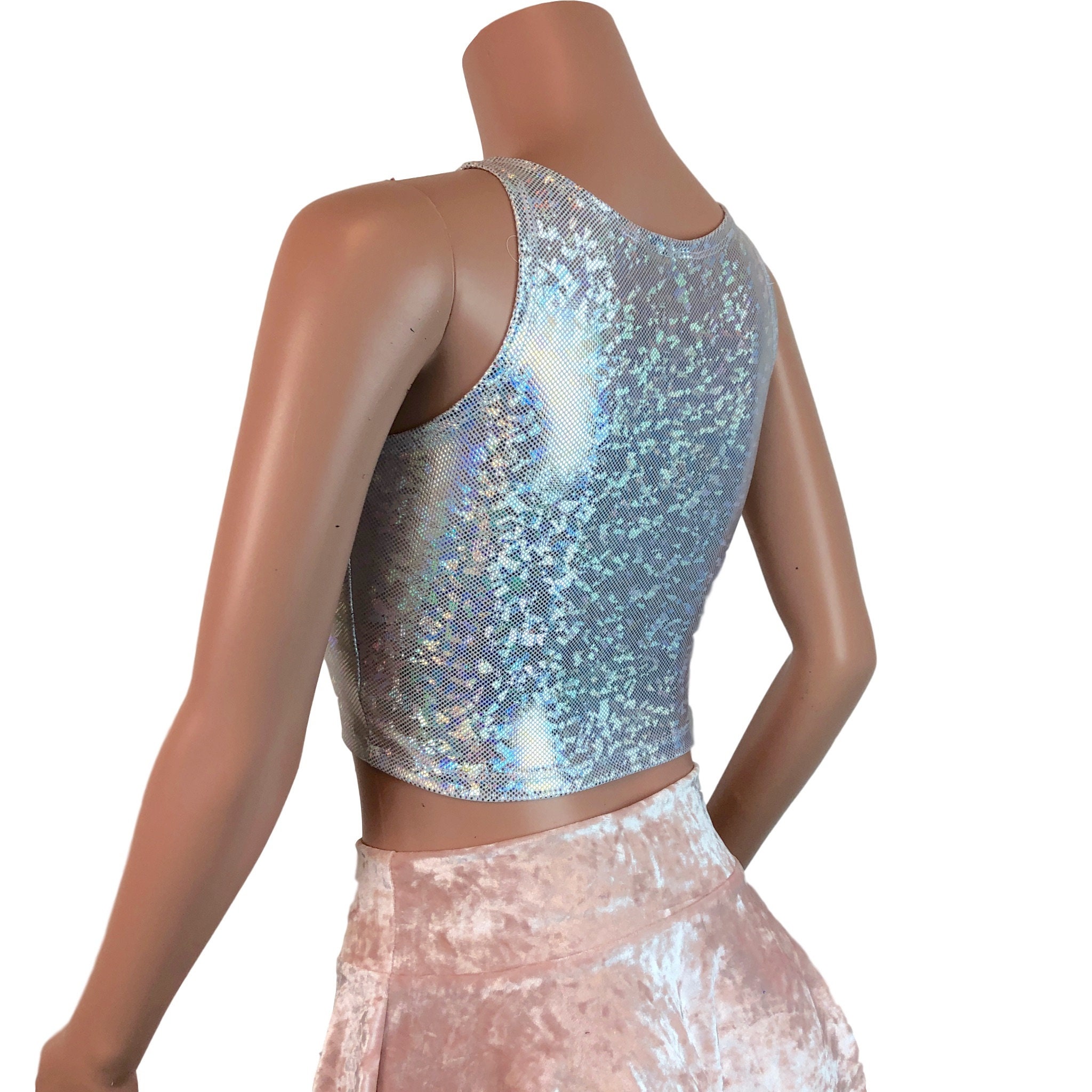 Silver on White Holographic Mesh Inset Crop Top Rave - Etsy