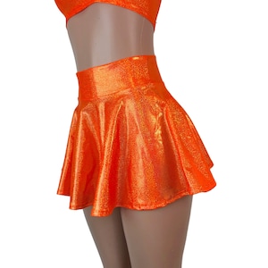 Mini 13&quot; Skater Skirt - *Orange Sparkle* - High Waist Skater Skirt - Holographic Mini Skirt - Rave Skirt