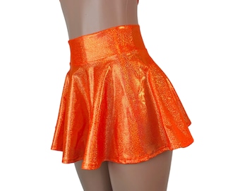 Mini 13" Skater Skirt - *Orange Sparkle* - High Waist Skater Skirt - Holographic Mini Skirt - Rave Skirt