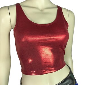 Red Mystique Metallic Crop Top Tank - bodycon Clubwear, Rave Wear, Festival Clothing, Cosplay Shirt, Super Hero Tank Top