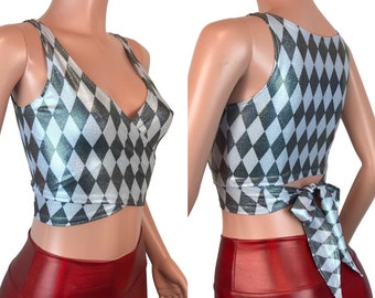 Crop Wrap Top - *Holographic Harlequin* Choose Sleeve Length - Rave Clothing - Cropped Top - Tie Top