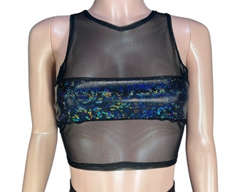 Black Holographic Shattered Glass Mesh Censor Crop Top - Rave Clothing, Festival Clothes