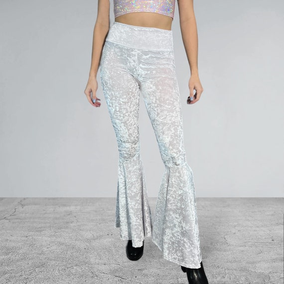 White Crushed Velvet Flare Leggings Customizable High Waisted