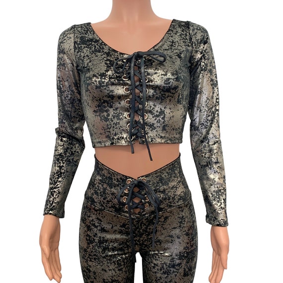 Long Sleeve Lace-up Crop Top Gunmetal 