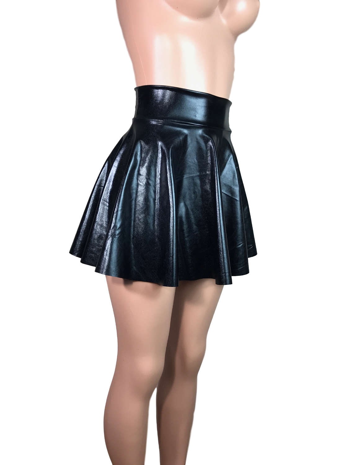 High Waisted Skater Skirt Black Metallic wet-look Faux Leather Mini Skirt 