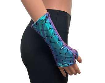 Gants sans doigts en spandex holographique sirène | Manches de bras | Vêtements de festival rave