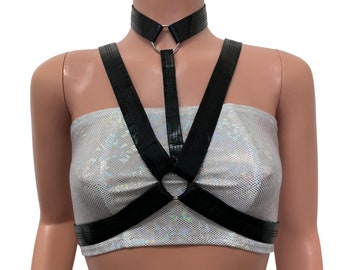 Cage Bra Harness Top in Black Metallic Faux Leather | Rave Body Chest Harness w/ Choker