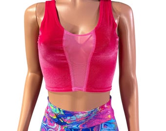 Mesh Inset Crop Linne - *Neon Hot Pink Velvet* - Ravekläder, Festivalkläder, Performancekläder