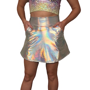 Opal Holographic A-LINE Skirt w/Optional POCKETS - Holograph Rave Skirt - Festival Clothing - Iridescent Skirt - High Waisted Rave Skirt