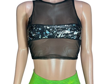 Holo Splatter Holographic & Black Mesh Censor Crop Top - Rave Clothing, Festival Clothes