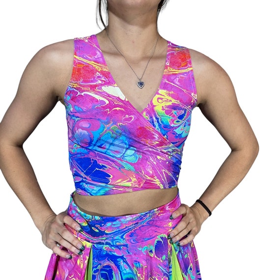 Crop Wrap Top rainbow Vapor Choose Sleeve Length Rave Clothing Cropped Tie Top for Festivals and Performers Etsy