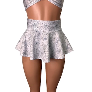 10&quot; Super Mini Spider Web High Waisted Skater Skirt | Rave Halloween Skirt