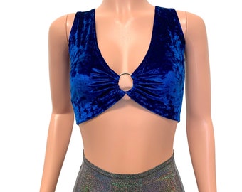Blue Crushed Velvet Ring Top - Crop Shirt - Rave Wear, festival top, burning man