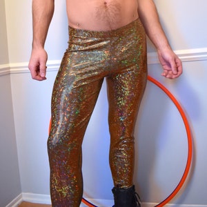 Men&#39;s Gold on Black Holographic Shattered Glass Leggings, Meggings, Rave Clothing, Burning Man
