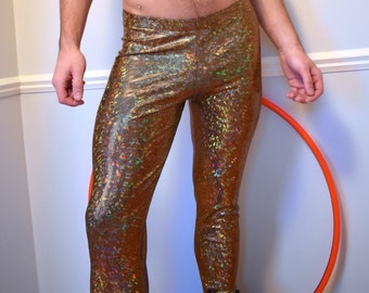 Men's Gold on Black Holographic Shattered Glass Leggings, Meggings, Rave Clothing, Burning Man