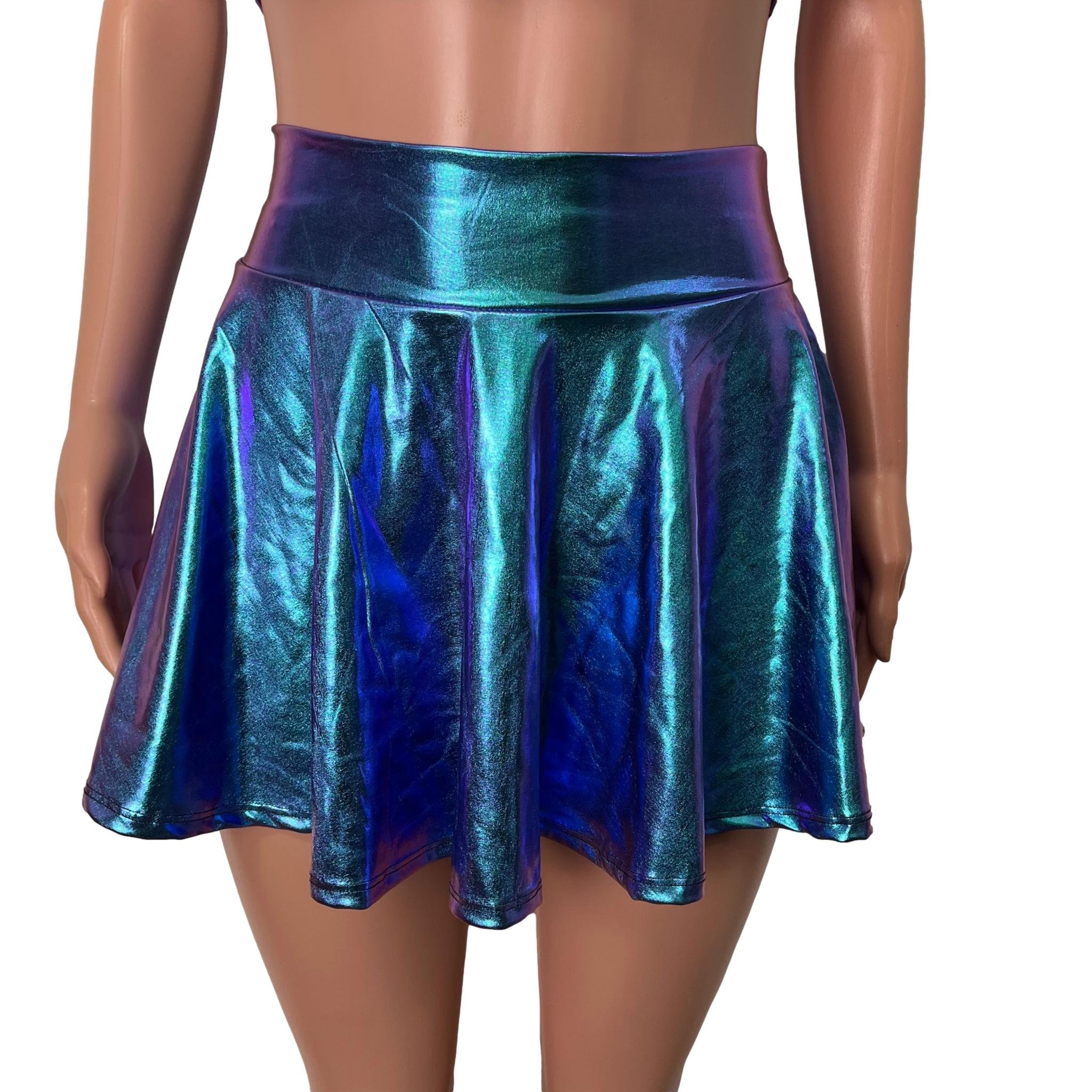 Rave Outfit Holographic High Waisted Skater Skirt Oil and Sleeveless Cropped Hoodie Oil Slick Metallic