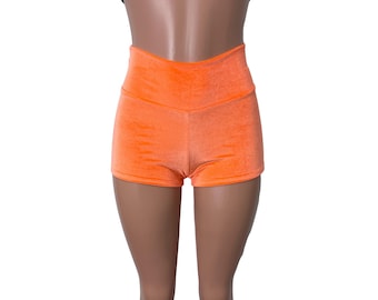 Orange Velvet High Waisted Booty Shorts - Rave Kleding, Festival Outfit, Concert Shorts