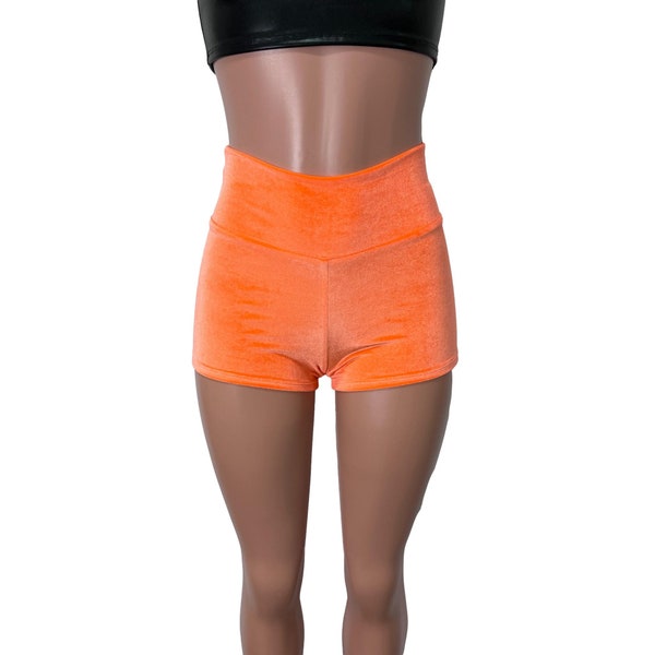 Orange Velvet High Waisted Booty Shorts - Rave Clothing, Festival Outfit, Concert Shorts