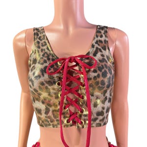 Lace-Up Crop Top - Metallic Leopard and Dark Pink | Corset Top - Rave Crop Top - Festival Outfit | Animal Print Shirt Lost Lands