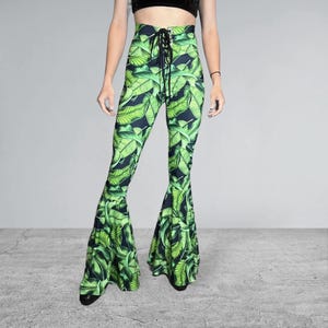 Lace-Up High Waist Bell Bottoms - Tropical Leaves | Flare Pants, Lost Lands Rave Clothing, Boho Festival Pants, 60s Costume