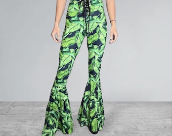 Schnürboden mit hoher Taille Schlaghose - Tropische Blätter | Schlaghose, Lost Lands Rave Kleidung, Boho Festival Hose, 60er Kostüm