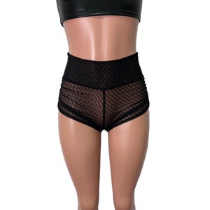 Ruched Booty Shorts - Black Vixen Mesh Sheer | Ruched Rave Shorts - Scrunch Shorts - CHOOSE your RISE - Roller Derby, Festival, Rave