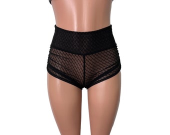 Ruched Booty Shorts - Black Vixen Mesh Sheer | Ruched Rave Shorts - Scrunch Shorts - CHOOSE your RISE - Roller Derby, Festival, Rave