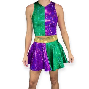 Mardi Gras Outfit - Holographic High Neck Top w/Skater Skirt - Rave Clothing - Festival Outfit - Mardis Gras Costume
