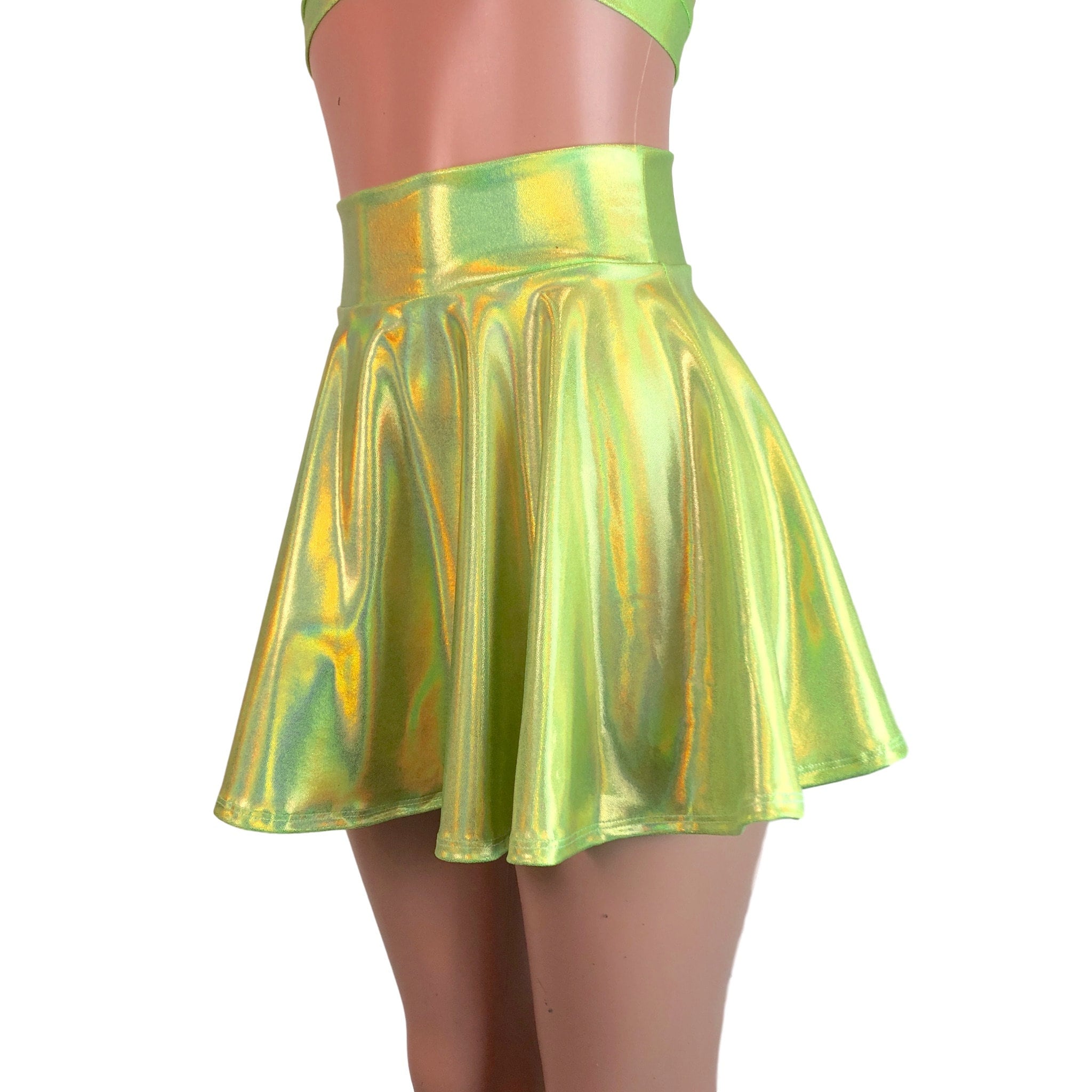 Lime Green Holographic High Waisted Skater Skirt Clubwear - Etsy
