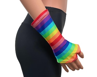 Gants sans doigts en Spandex à rayures arc-en-ciel | Manches de bras | Vêtements de festival rave