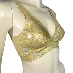 Bralette holográfico de vidrio roto dorado - Rave Wear, Activewear, Running, Yoga, crossfit, festival top