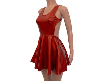 Cutout Skater Dress - *Red Holographic* - Rave Dress, Fit n Flare Dress, Apron Dress, Festival Outfit