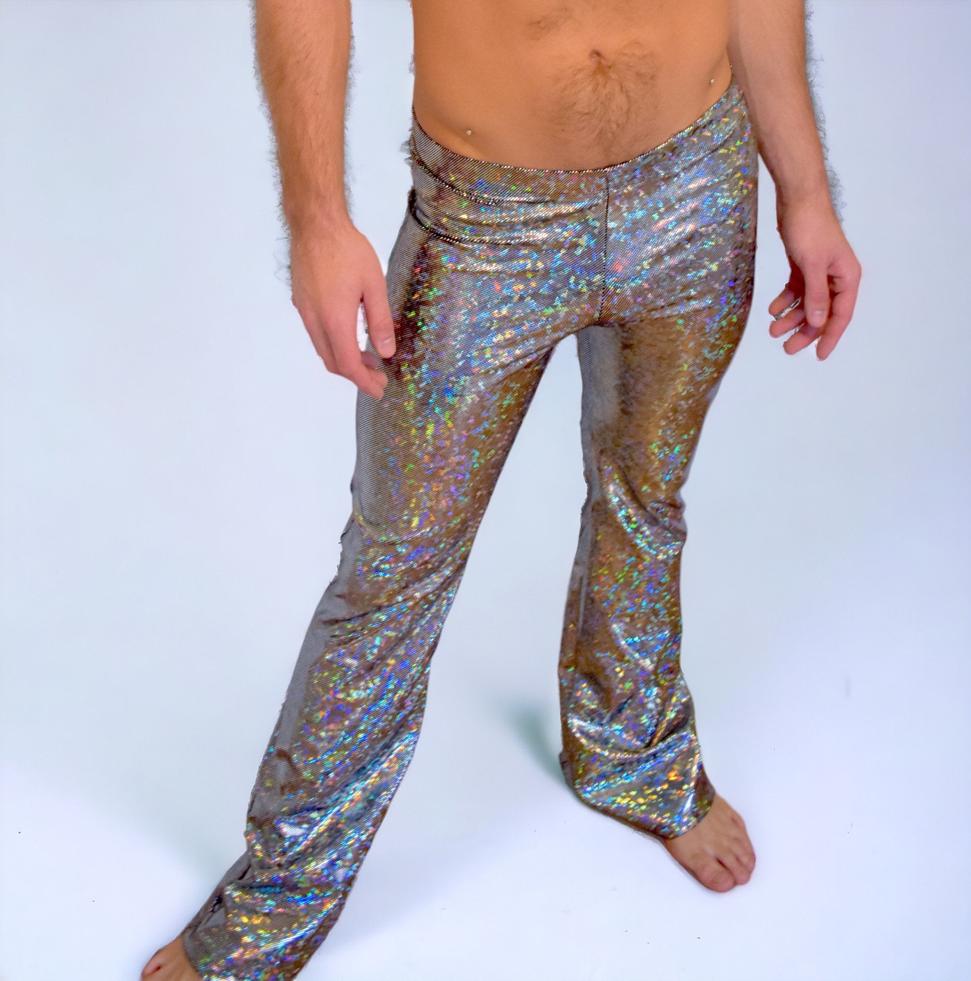 Men's Flare Pants in Silver on Black Holographic Shattered Glass, Rave  Clothing, Festival Burning Man 