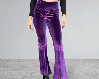 Crossover Waist Bootcut Flare Pants *Purple Velvet Spandex* -  High V-Waist Flare Pants - Rave Clothing, Festival Pants