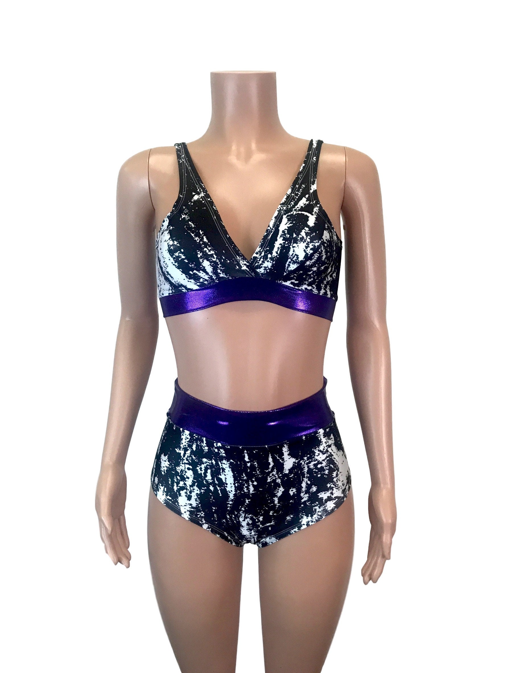 Black, White & Purple Spandex High Waist Bikini Rave Outfit Bikini,  Activewear, Festival Outfit, Bathing Suit -  New Zealand