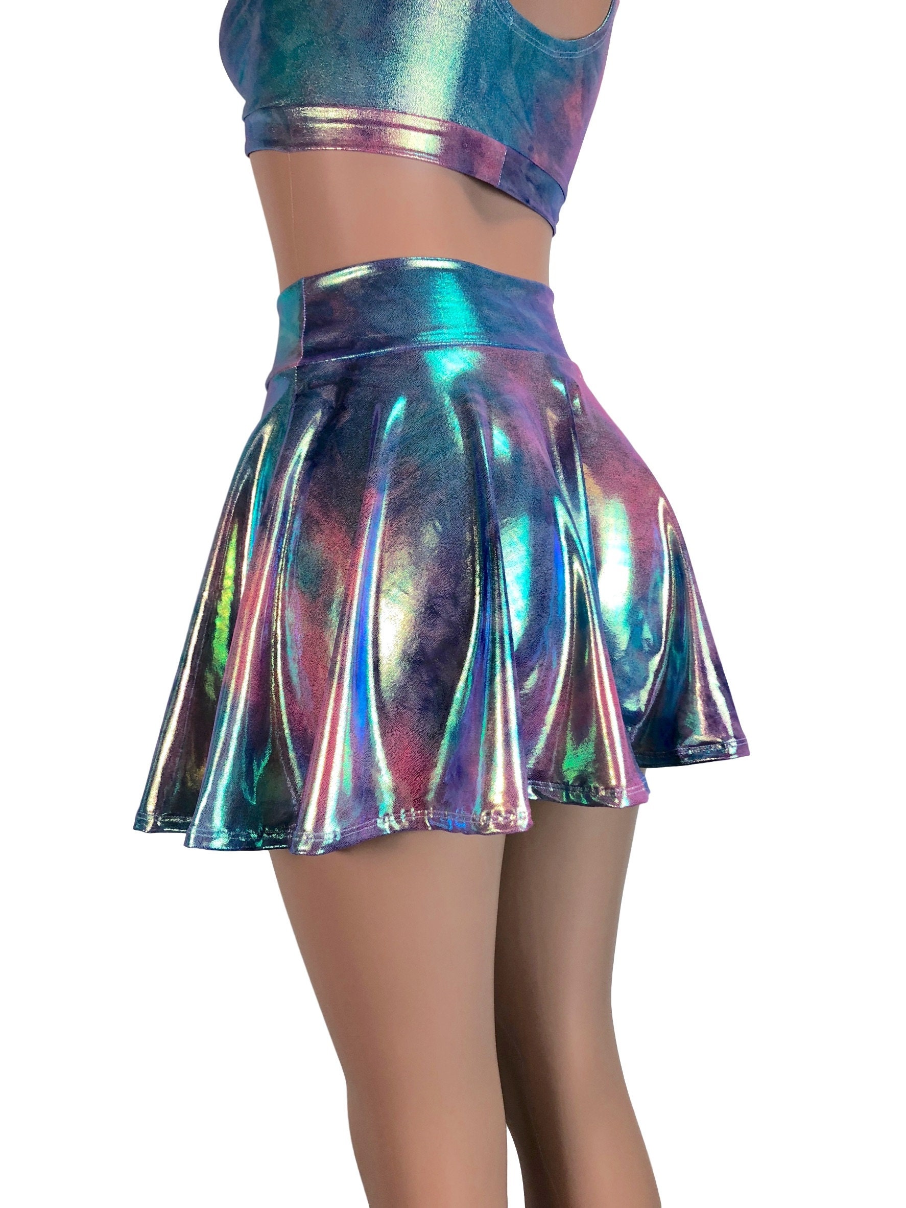 Holographic Oil Slick Skater Skirt - 13 Inch Length, High Waisted, Made In USA, XLarge - View #9