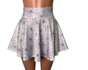 Holographic Spider Web on White High Waisted Skater Skirt - Clubwear, Rave Wear, Halloween Costume