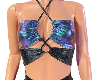 Haut dos nu string noir et effet scintillant holographique - Rave Wear, vêtements de festival, tenue EDM, bikini maillot de bain, chemise scintillante