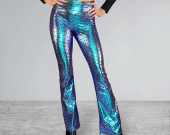 Crossover Waist Bootcut Flare Pants *Mermaid Holographic* -  High V-Waist Flare Pants - Rave Clothing, Festival Pants