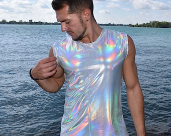 Débardeur holographique opale pour hommes, chemise Holo Muscle pour hommes, vêtements Rave, Burning Man