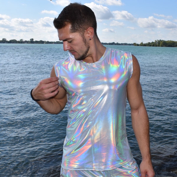 Men's Holographic Opal Tank, Men's Holo Muscle Shirt, Rave Clothing, Burning Man