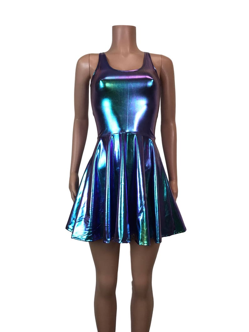 Holographic Oil Slick Skater fit n flare Tank Dress Club, Rave, Sexy Mini Dress, Cocktail, Festival Outfit image 1