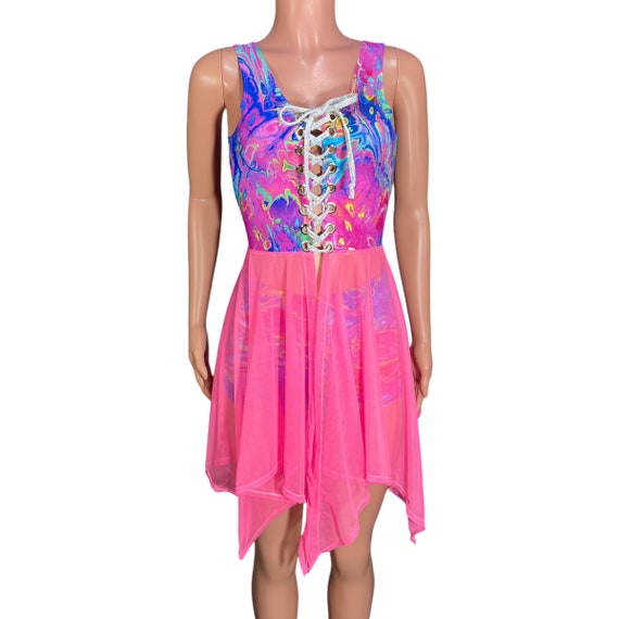Fairy Dress Lace-Up Open-Front Asymmetrical Dress Sleeveless *Rainbow Vapor W/Pink Mesh* - Sheer Rave Dress, Beach Coverup