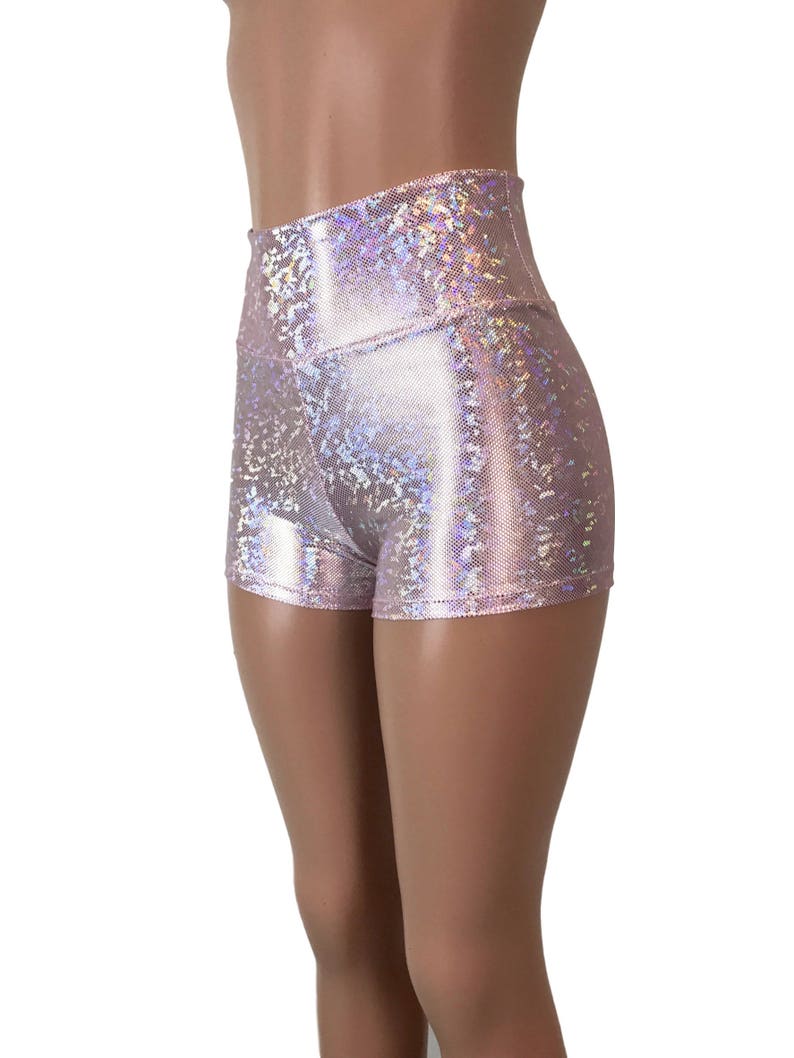 Pink Blush Shattered Glass Holographic High Waisted Booty Shorts club or rave wear Crossfit Running image 1