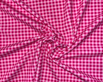 Różowa, rozciągliwa w 4 strony tkanina spandex w kratkę, dostępna na metry | Materiał na kostium kąpielowy w kratkę gingham | Materiał na legginsy